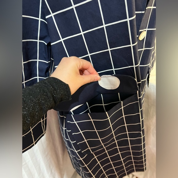 LIZ CLAIBORNE Classy Spring Checkered Long Navy Blue Coat with Pockets - Picture 6 of 13